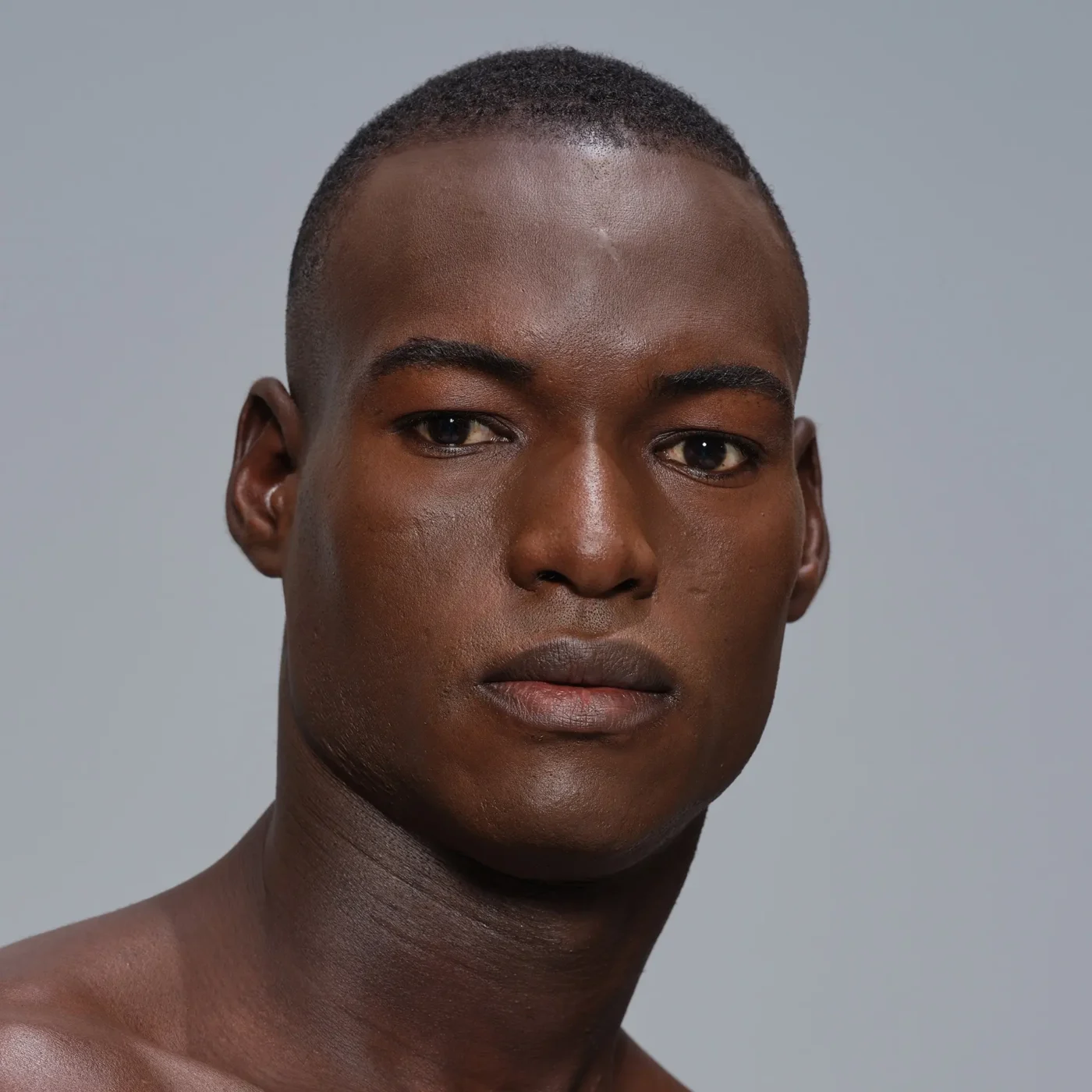 Portrait shot of an young male people of color model in front of a light grey background.