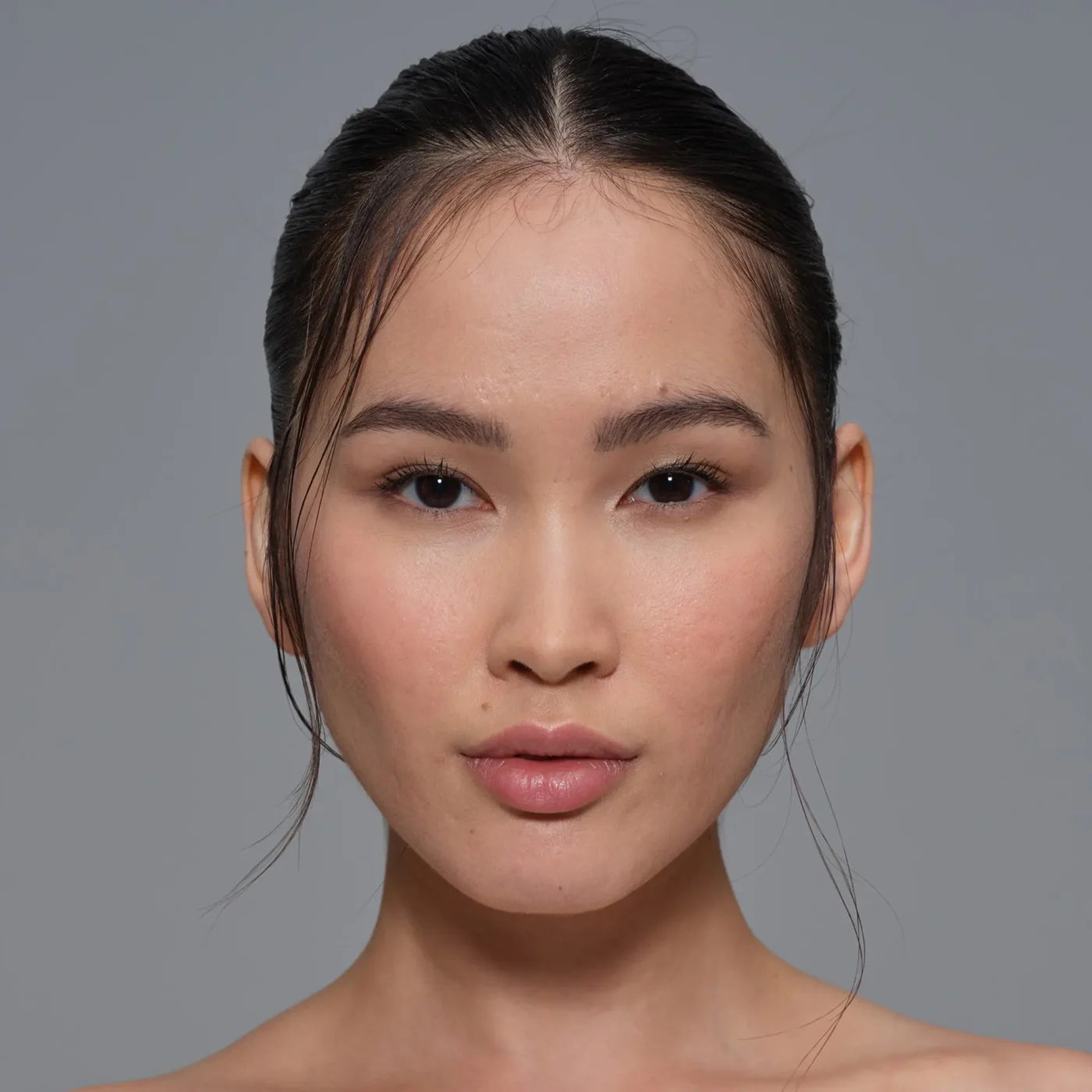 Portrait shot of an asian female model in front of a light grey background.